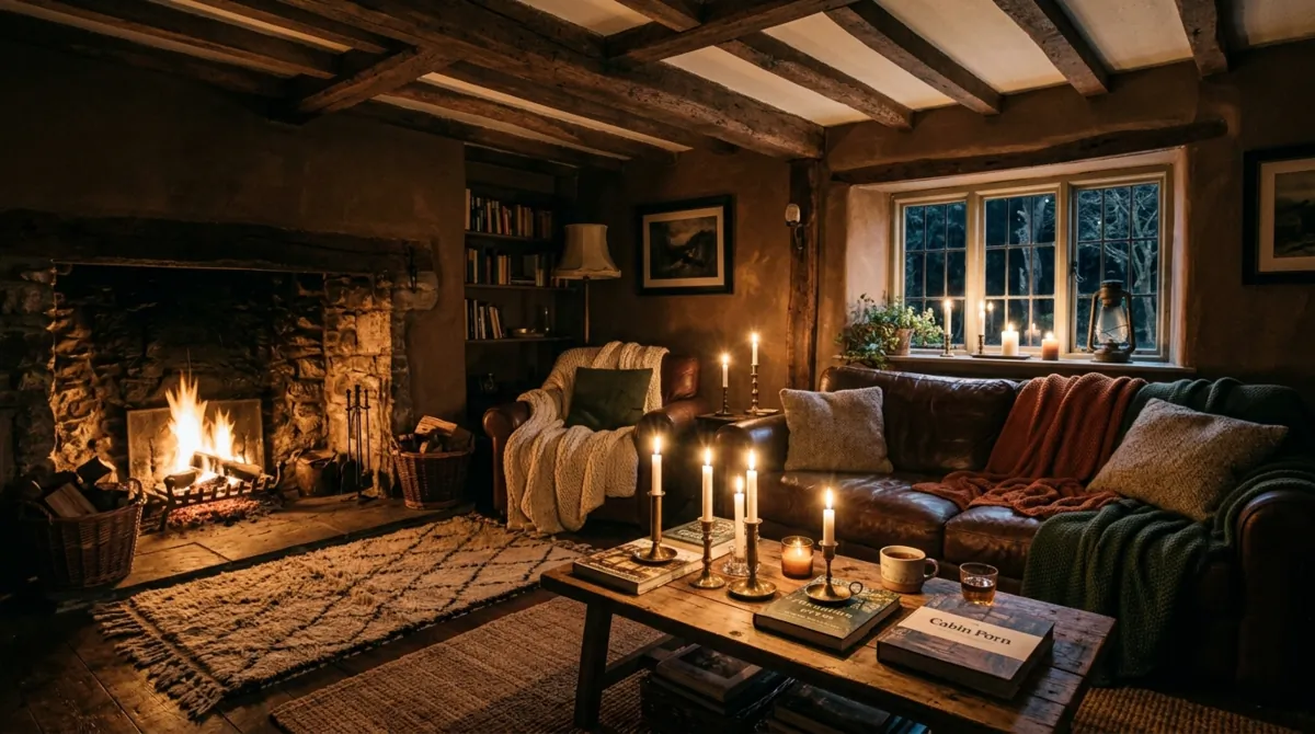 Cozy moody living room with brown tones, wool rug, wood beams, and candles.