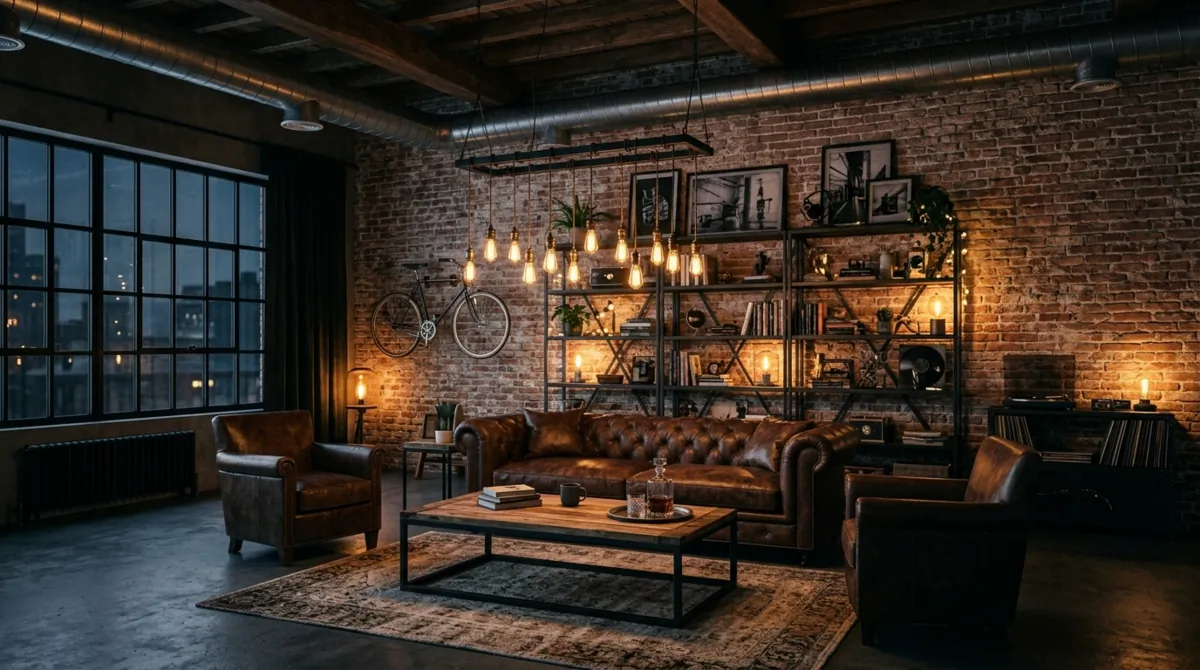 Industrial moody living room with brick walls, black shelves, leather furniture, and Edison bulbs.