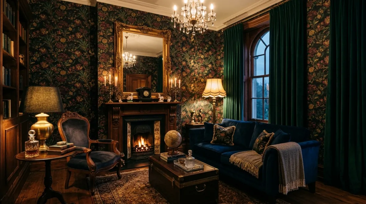 Dramatic living room with dark floral wallpaper, velvet curtains, ornate mirror, and lamps.