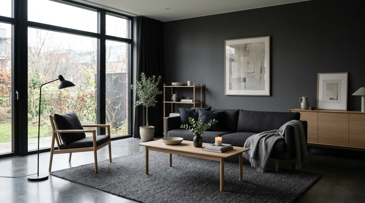 Scandinavian dark living room with charcoal furniture, light wood accents, and minimal decor.
