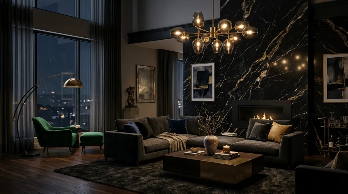Luxury moody living room with black marble wall, velvet seating, sculptural lighting, and shadows.
