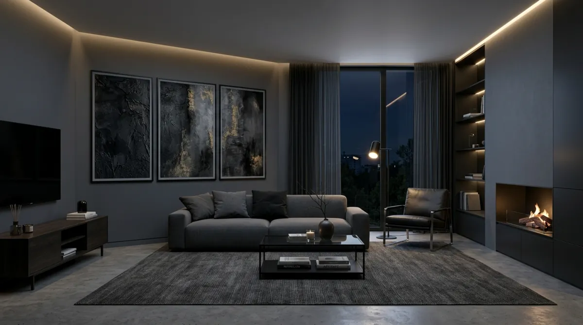 Contemporary dark living room with slate walls, minimal furniture, abstract art, and LED lighting.