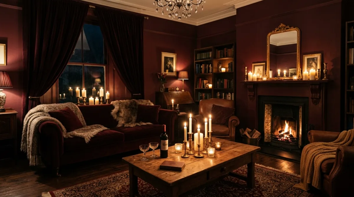 Romantic moody living room with burgundy tones, candles, velvet drapery, and warm light.