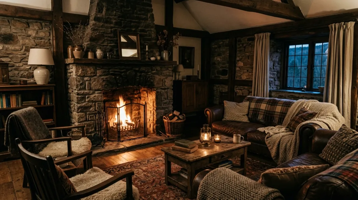 Rustic moody living room with stone fireplace, dark wood furniture, textiles, and firelight.
