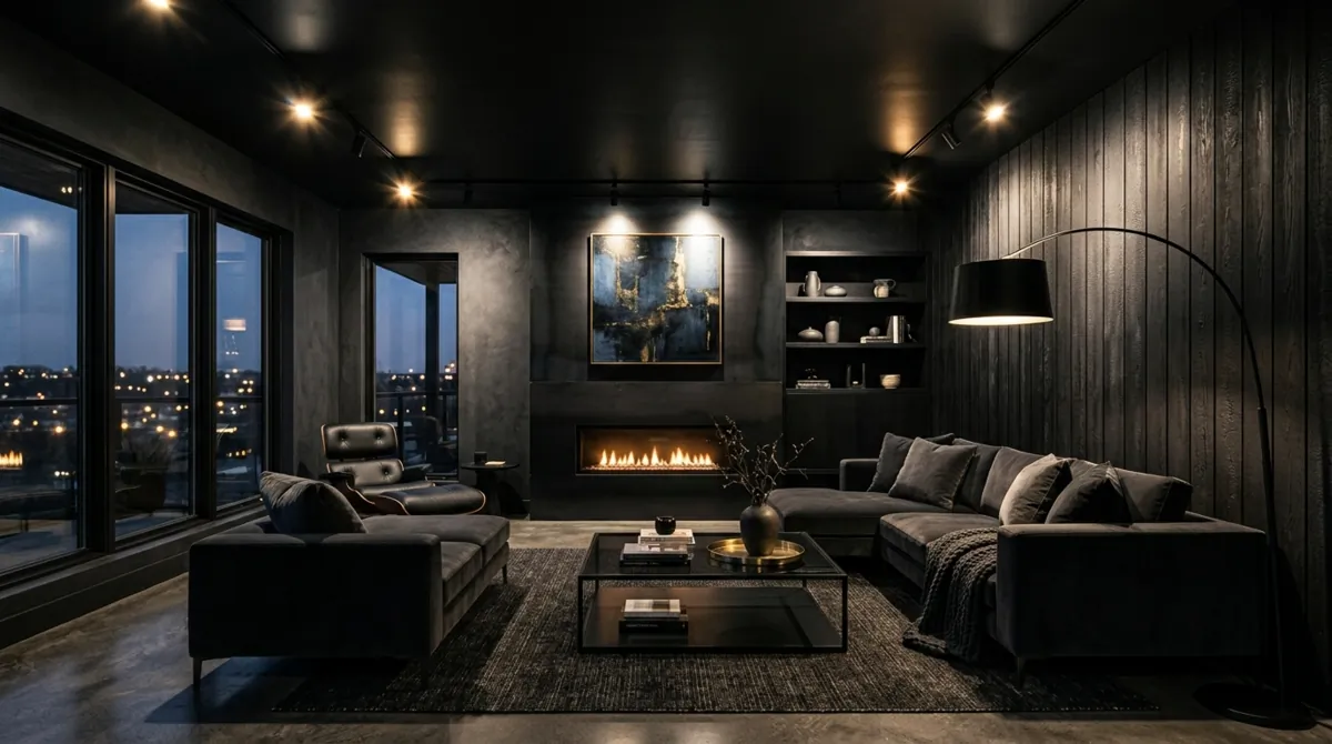 Bold moody living room with black ceiling, dark accent walls, sleek furniture, and spotlighting.