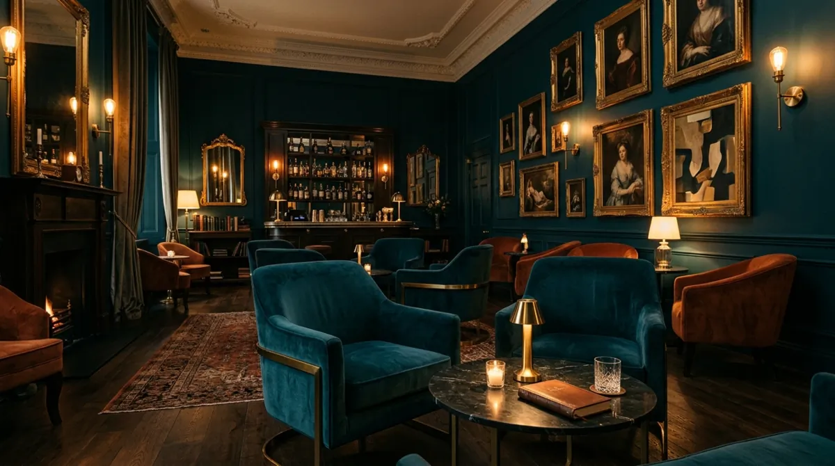 Sophisticated moody lounge with deep teal walls, gold art frames, velvet chairs, and ambient lighting.