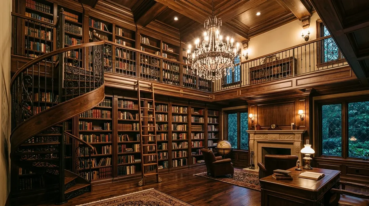 Grand dream home library with tall walnut bookshelves, spiral stair, warm chandelier, and layered reading lounge seating.