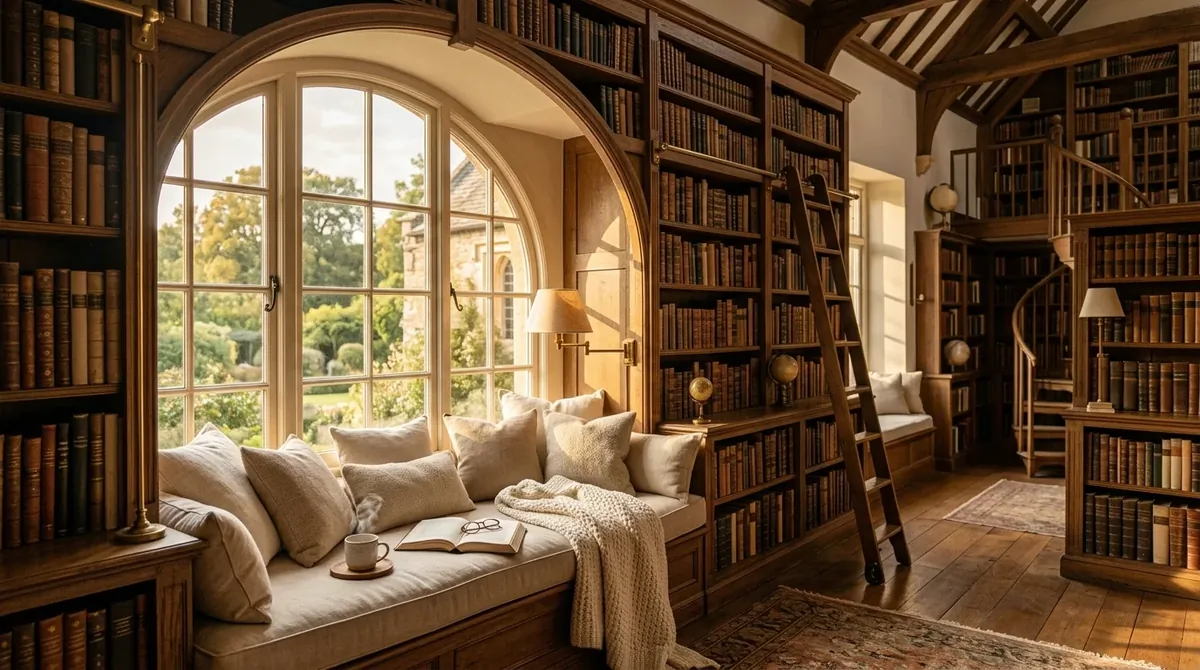 Cozy home library with built-in window seat, surrounding bookshelves, soft cushions, and natural daylight through arched windows.