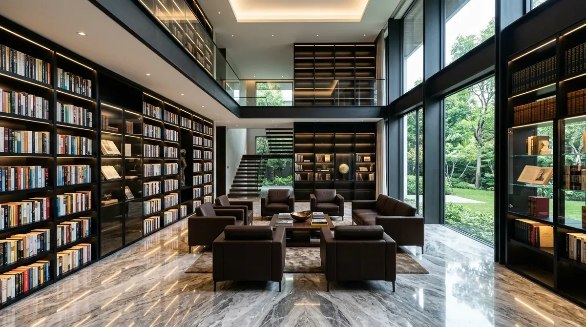 Modern luxury home library with black shelves, glass cabinets, leather seating, and polished marble flooring.
