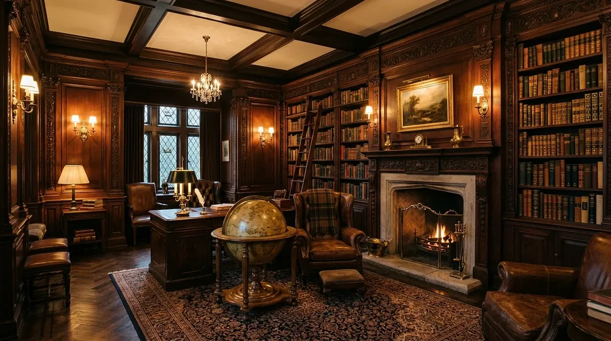 Classic mansion-style library with mahogany paneling, carved shelves, antique globe, and stone fireplace.