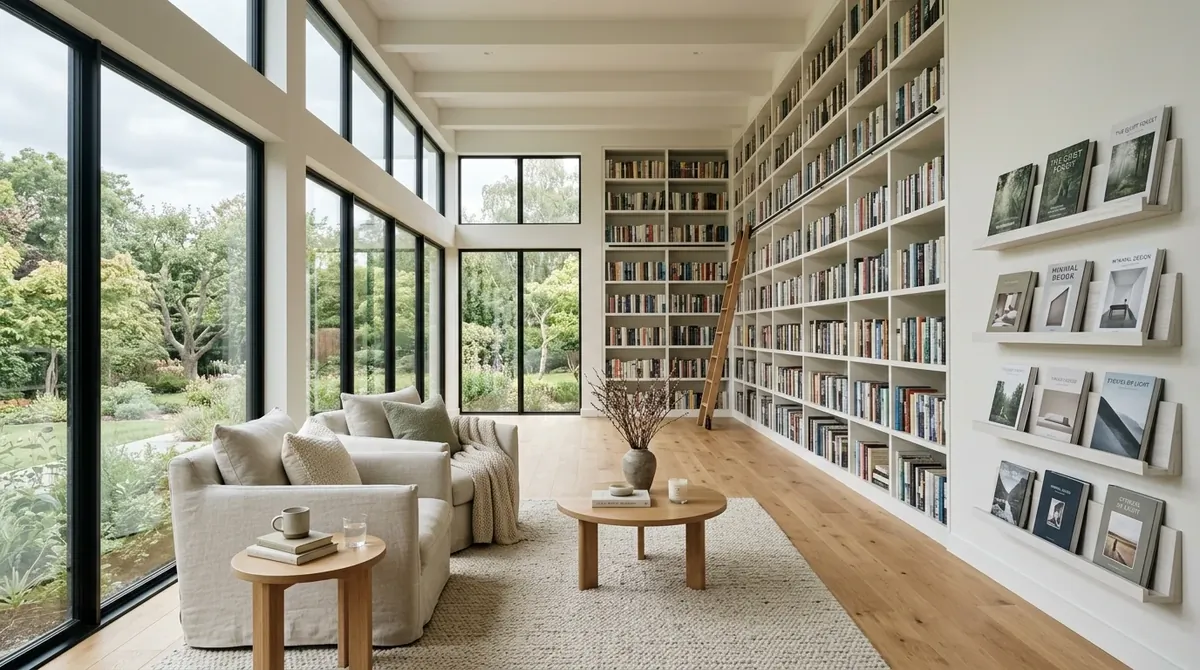 Minimalist dream library with white built-in shelves, light oak floor, linen seating, and bright expansive windows.