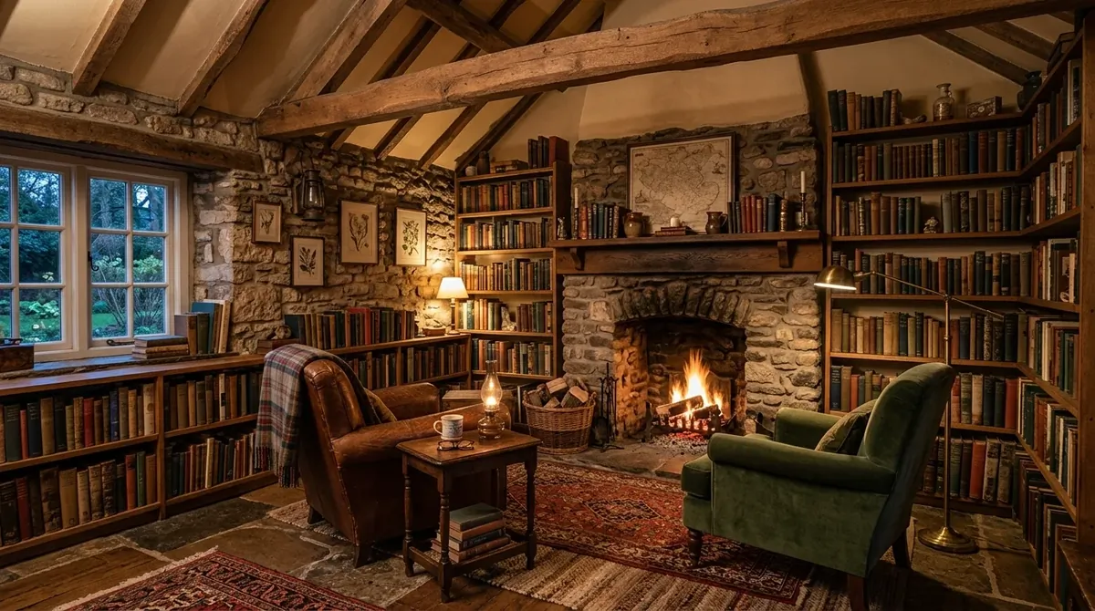 Cozy cottage library with wood beams, stone fireplace, layered rugs, plush chairs, and overflowing bookshelves.