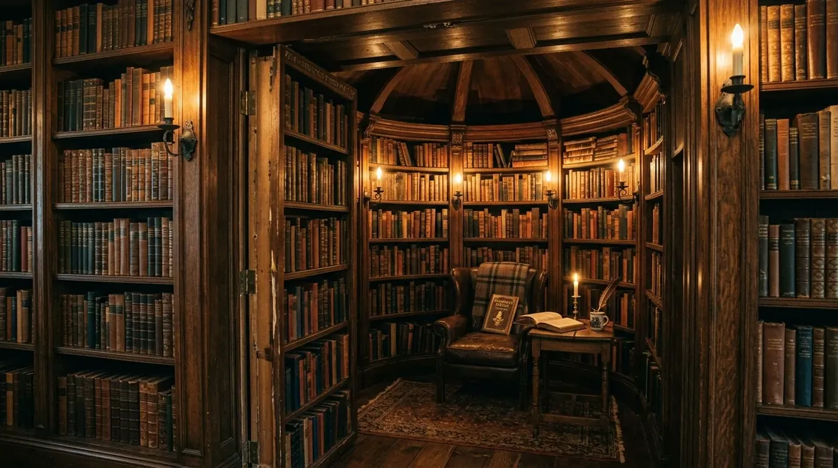 Secret library behind a bookshelf door with dark wood shelves, intimate seating, and warm candle-style lighting.