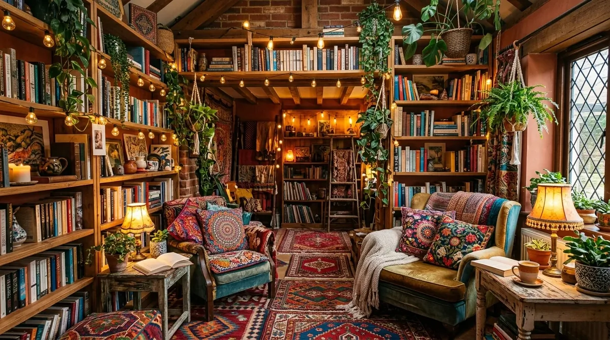 Bohemian home library with eclectic shelves, hanging plants, colorful cushions, and patterned rugs.