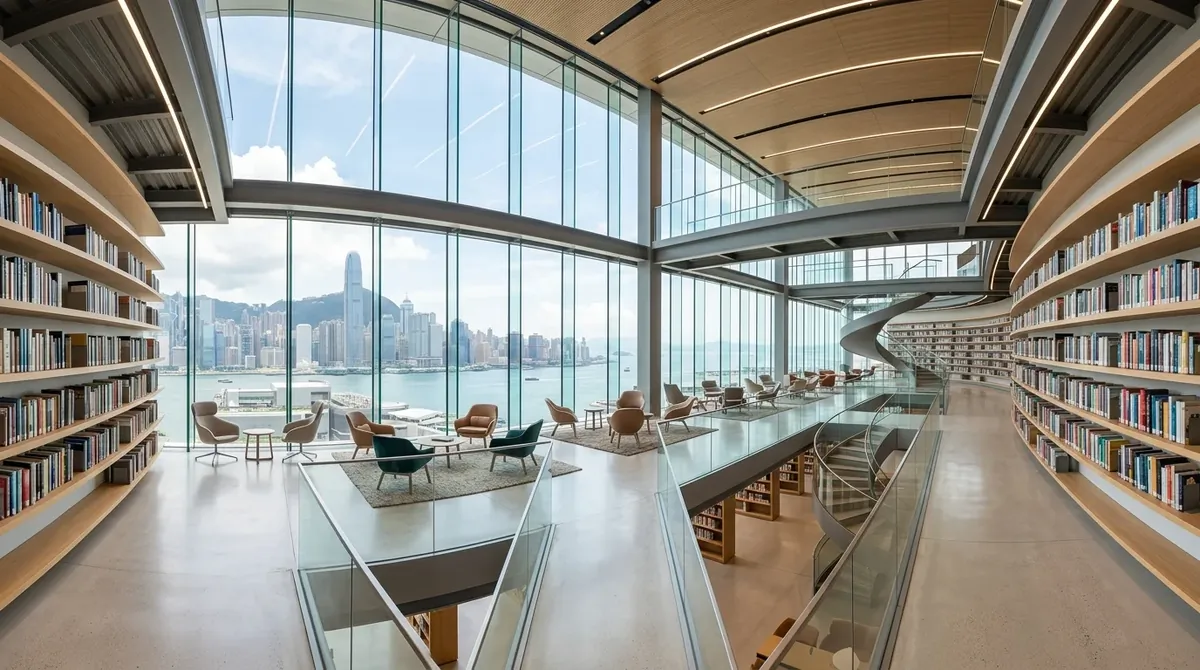 Ultra modern glass-walled home library with floating shelves, panoramic views, and minimalist seating.