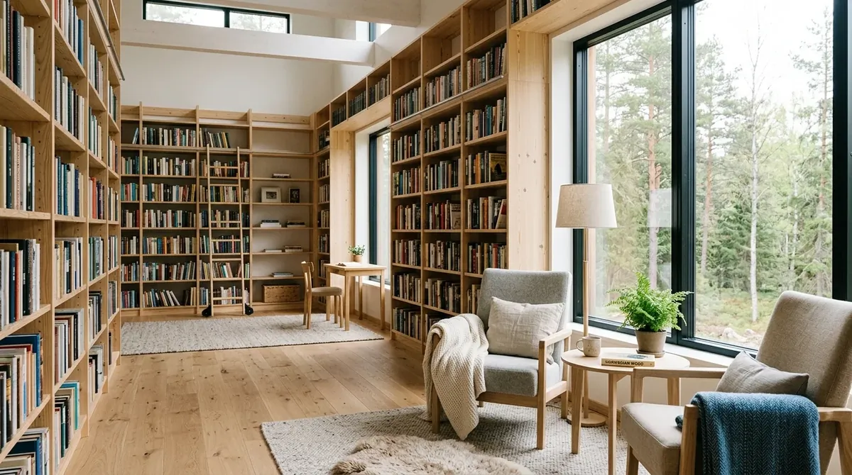 Scandinavian dream library with pine shelving, neutral chairs, natural textiles, and bright airy daylight.