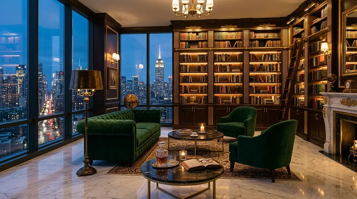 Luxury penthouse library with city skyline views, marble floor, velvet seating, and gold-accent shelving.