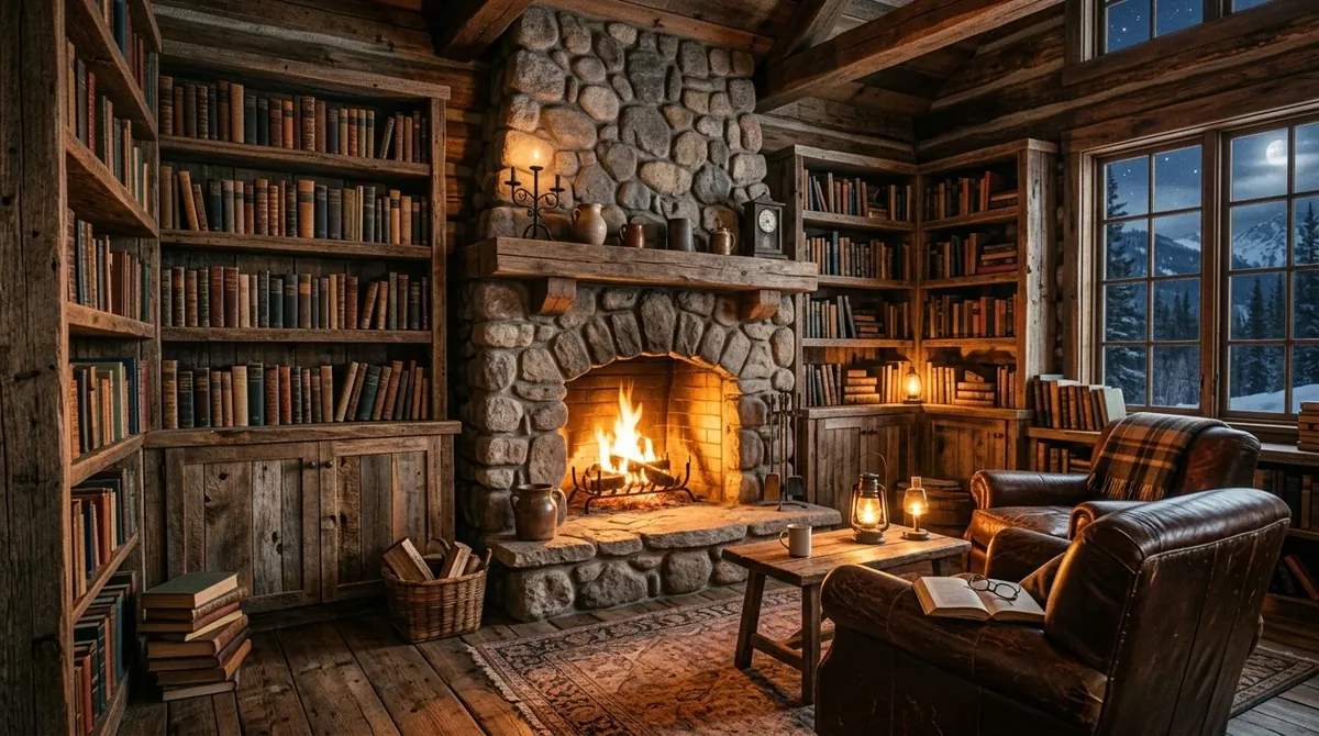 Rustic cabin library with reclaimed wood shelves, leather chairs, stone fireplace, and warm firelight.
