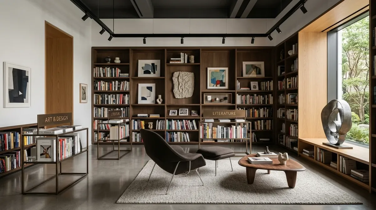 Elegant art-inspired library with gallery lighting, curated book displays, and sculptural furniture.