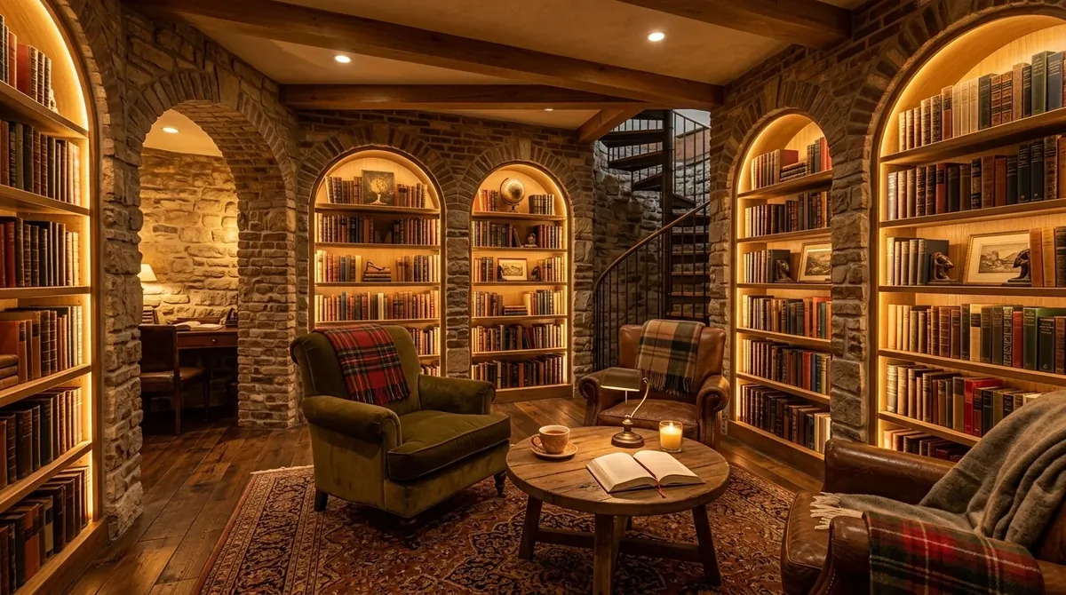 Basement dream library with arched alcoves, built-in shelving, recessed lighting, and plush seating.