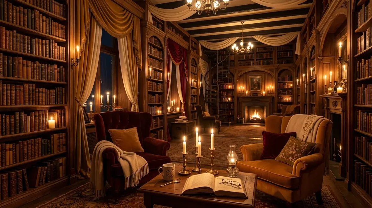 Romantic home library with drapery, antique bookshelves, velvet chairs, and warm candlelit ambiance.