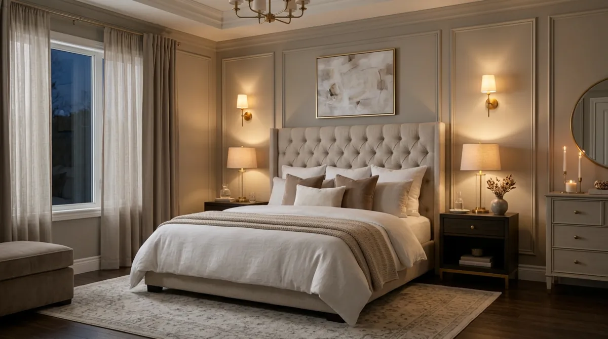 Elegant bedroom with tufted headboard, neutral bedding, gold lighting, and layered textures.