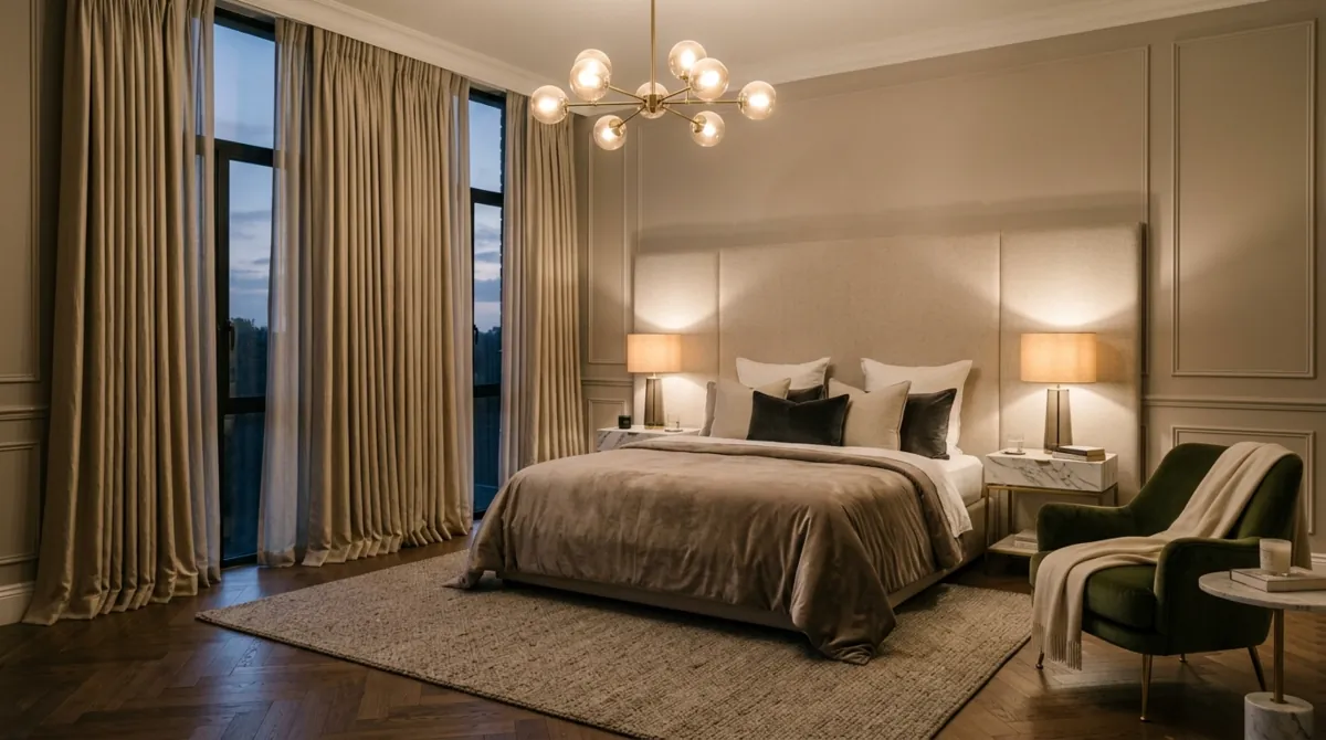 Sophisticated bedroom with floor curtains, velvet chair, marble side tables, and chandelier.
