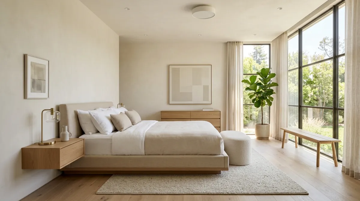 Modern elegant bedroom with cream tones, platform bed, subtle art, and daylight.