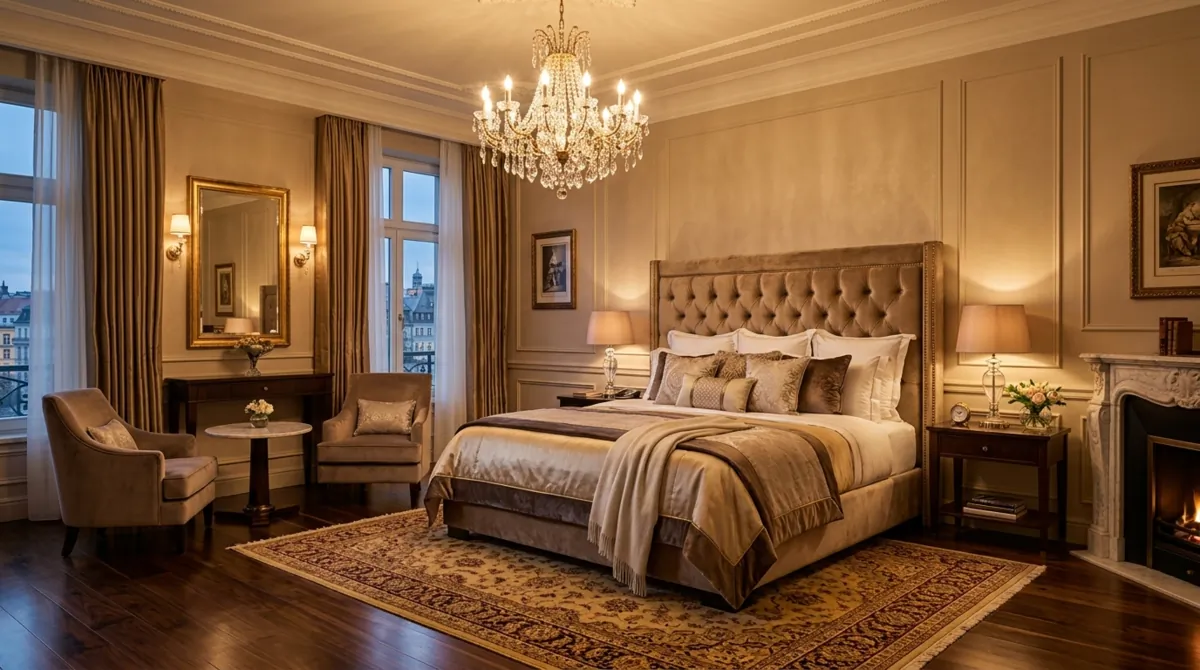 Luxury bedroom with grand upholstered bed, crystal chandelier, wood floors, and golden light.
