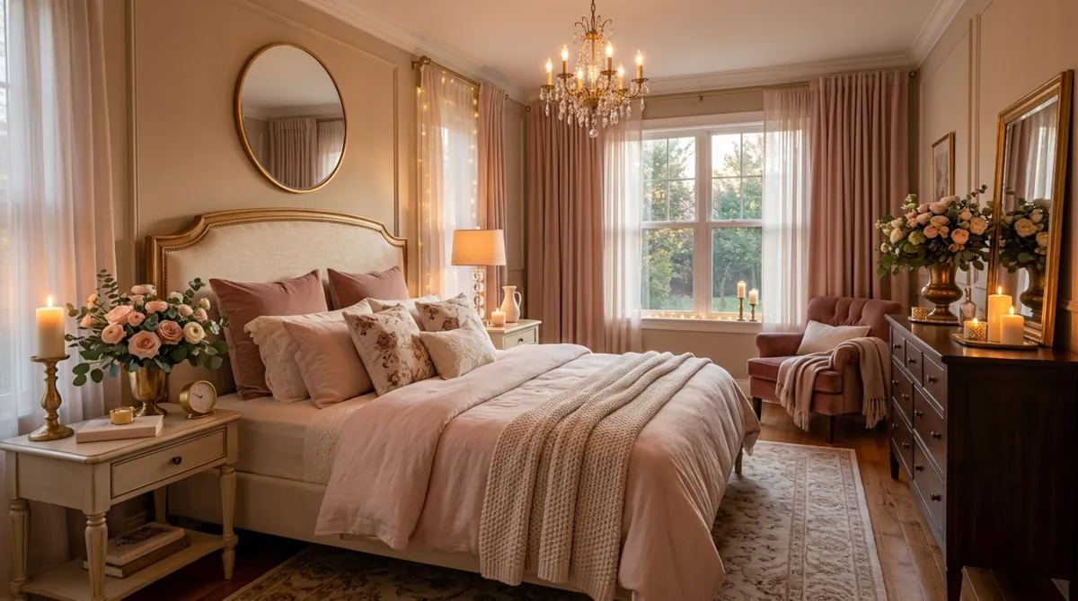 Romantic elegant bedroom with blush bedding, gold accents, flowers, and candlelight.