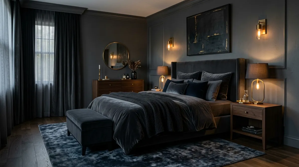 Dark classy bedroom with charcoal walls, velvet bedding, brass lamps, and moody lighting.
