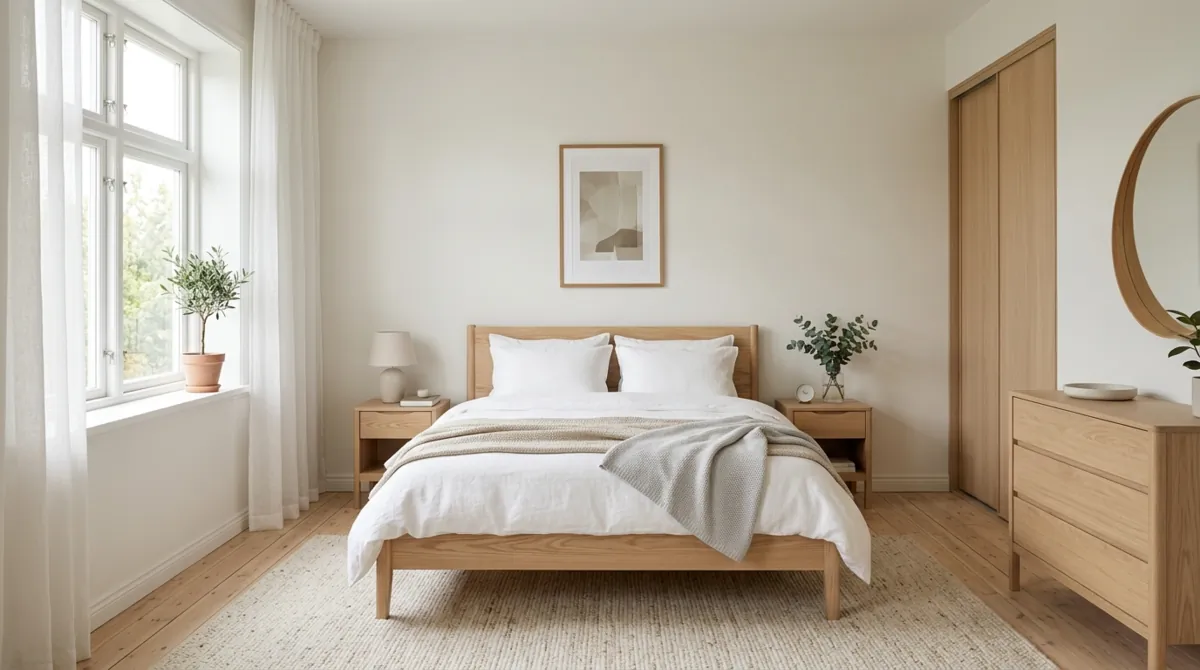 Scandinavian elegant bedroom with light wood furniture, white linens, and minimal decor.