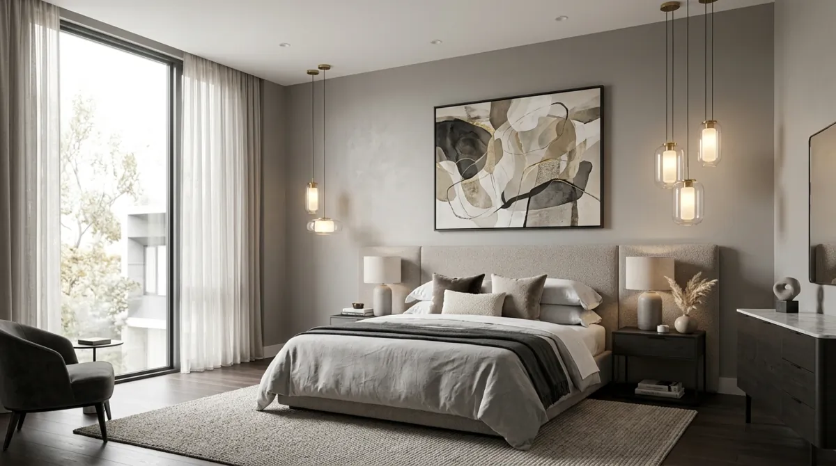 Contemporary classy bedroom with abstract art, neutral palette, pendant lighting, and sleek furniture.