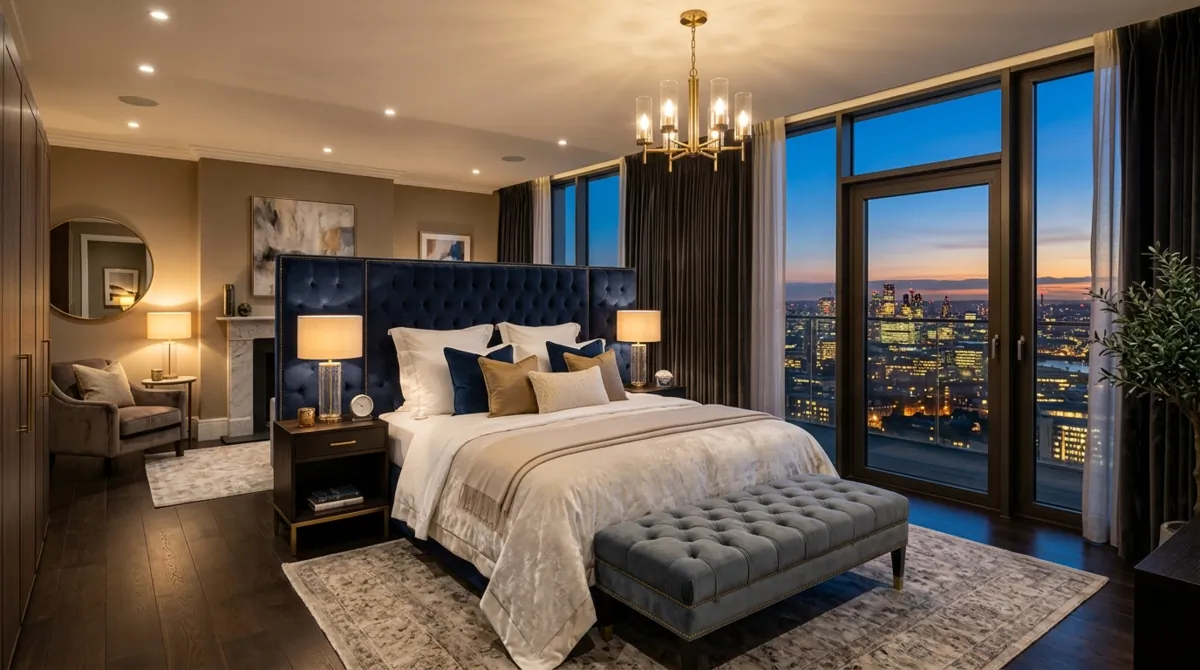 Luxury hotel bedroom with plush bedding, tufted bench, city view, and warm lighting.