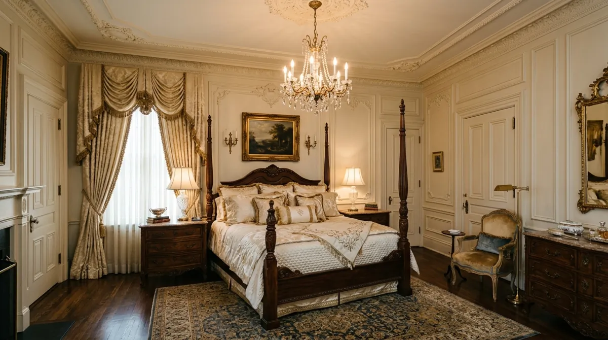Classic elegant bedroom with molding, antique furniture, silk drapes, and chandelier.