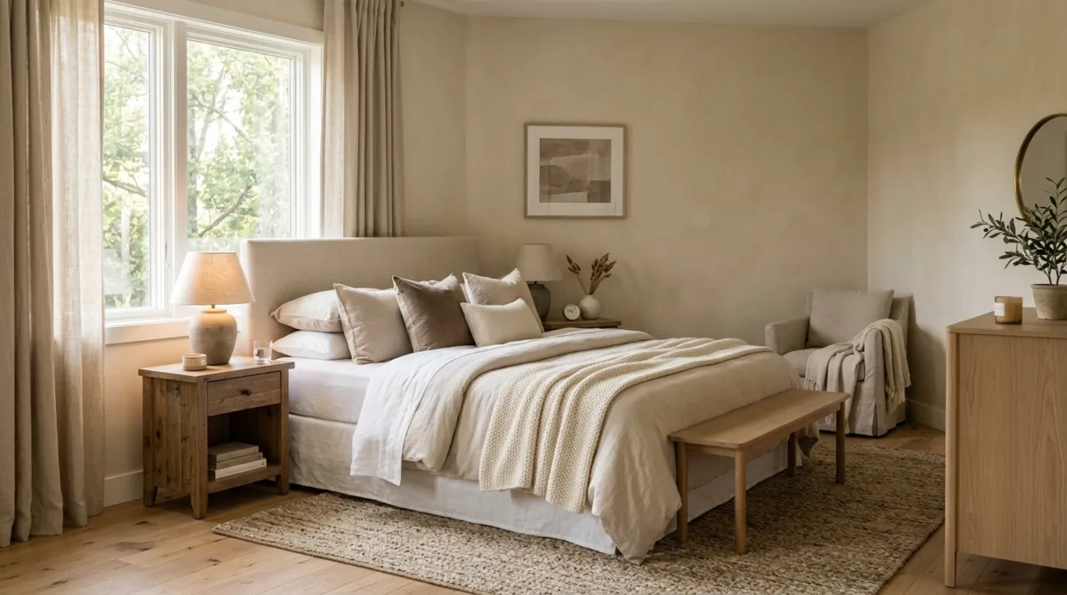 Serene classy bedroom with neutral textiles, beige tones, simple decor, and morning light.