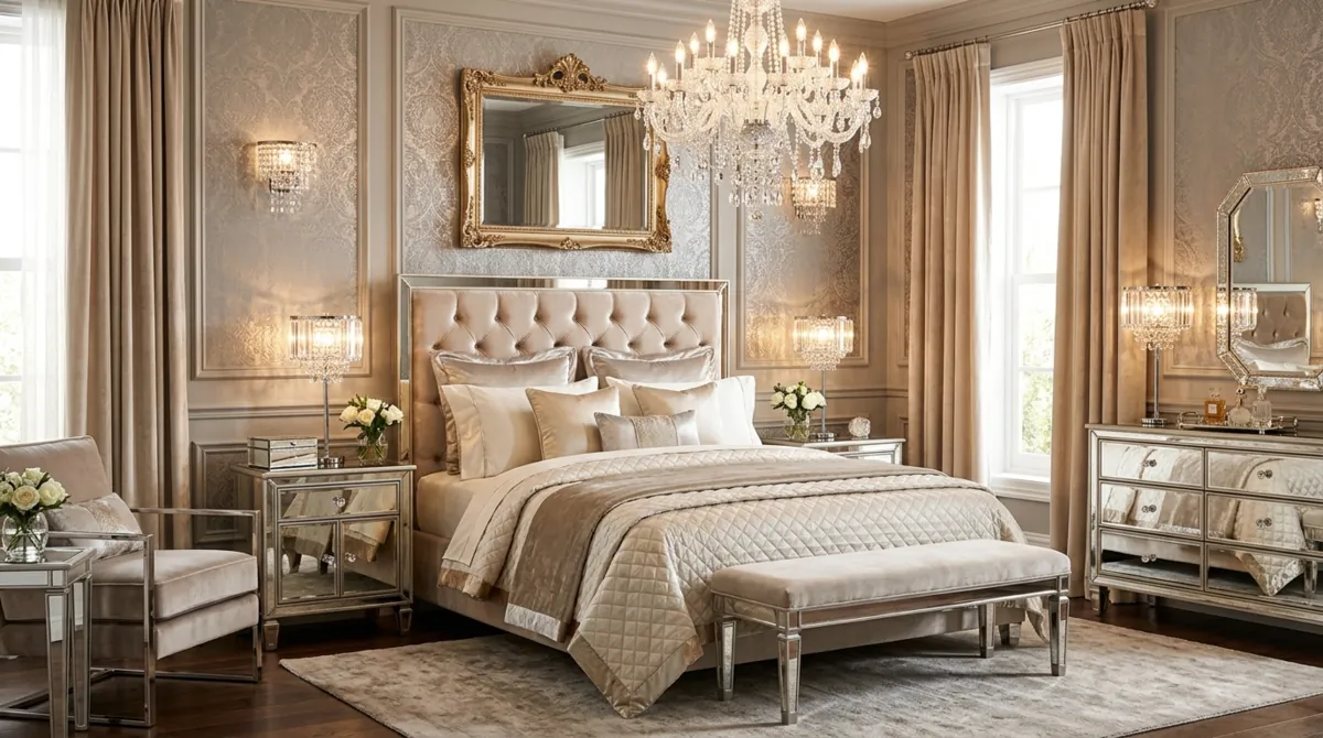 Glam elegant bedroom with mirrored furniture, metallic accents, crystal lights, and refined styling.