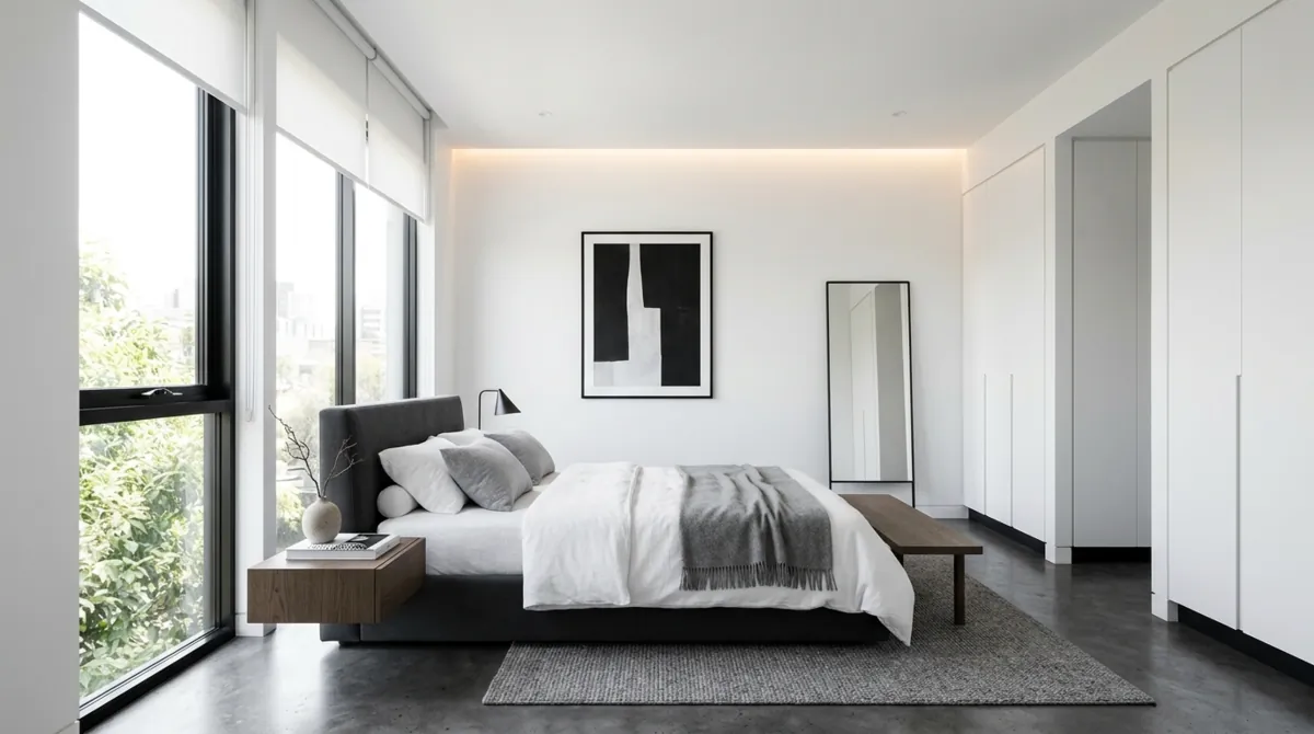 Minimal sophisticated bedroom with clean lines, monochrome palette, hidden lights, and airy daylight.