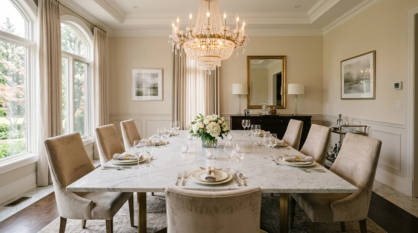 Elegant dining room with statement chandelier, refined table setting, and a sophisticated neutral palette.