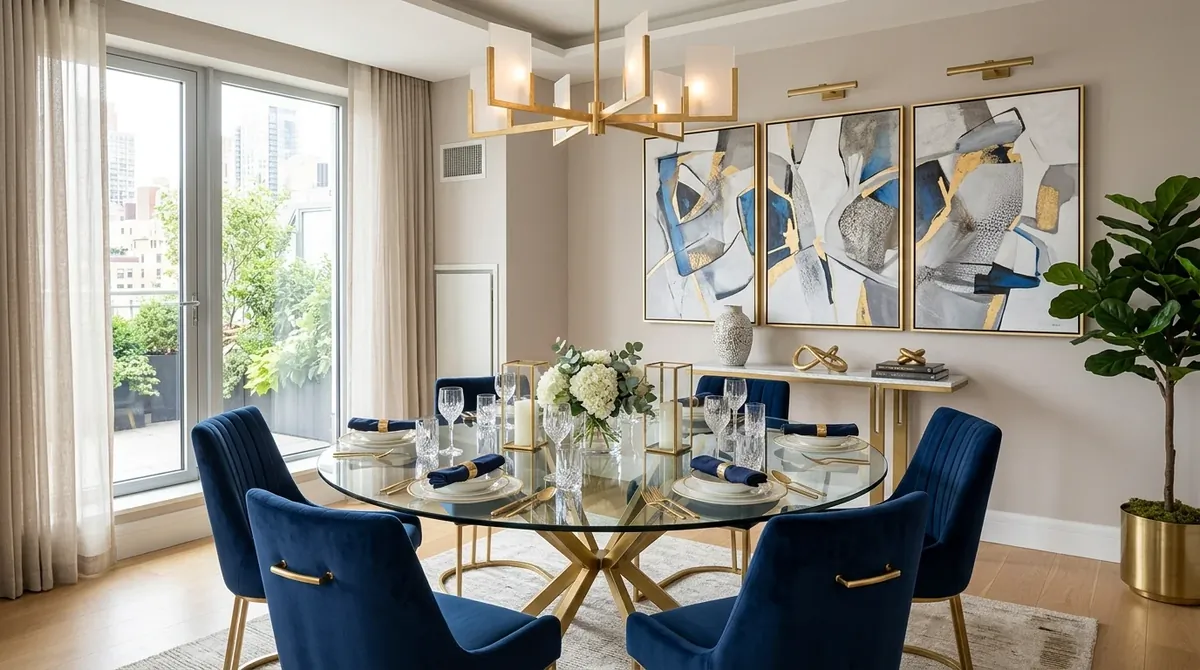 Dining room with dark walls, candlelight, and rich intimate sophistication.