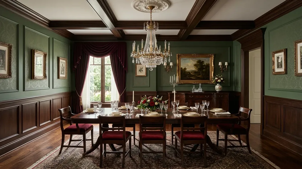 Dining room in pale tones with graceful furniture and soft polished warmth.