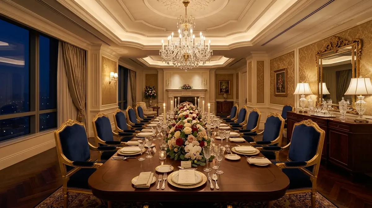 Room with marble details, brass lighting, and upscale formal style.