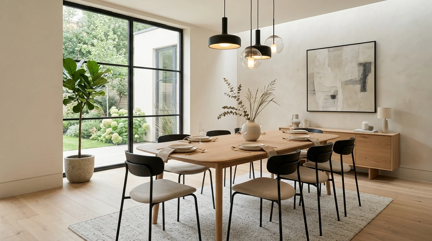 Elegant dining room with wall paneling and timeless architectural structure.