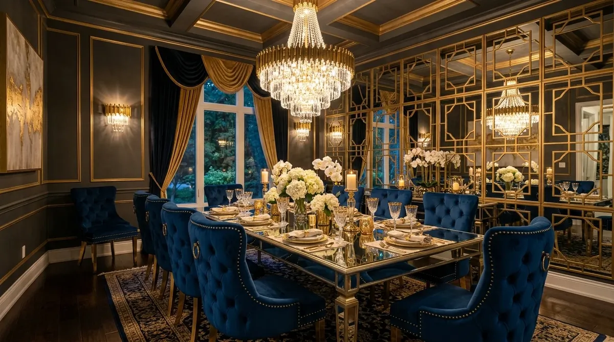 Dining space with sculptural lighting and crisp contemporary elegance.