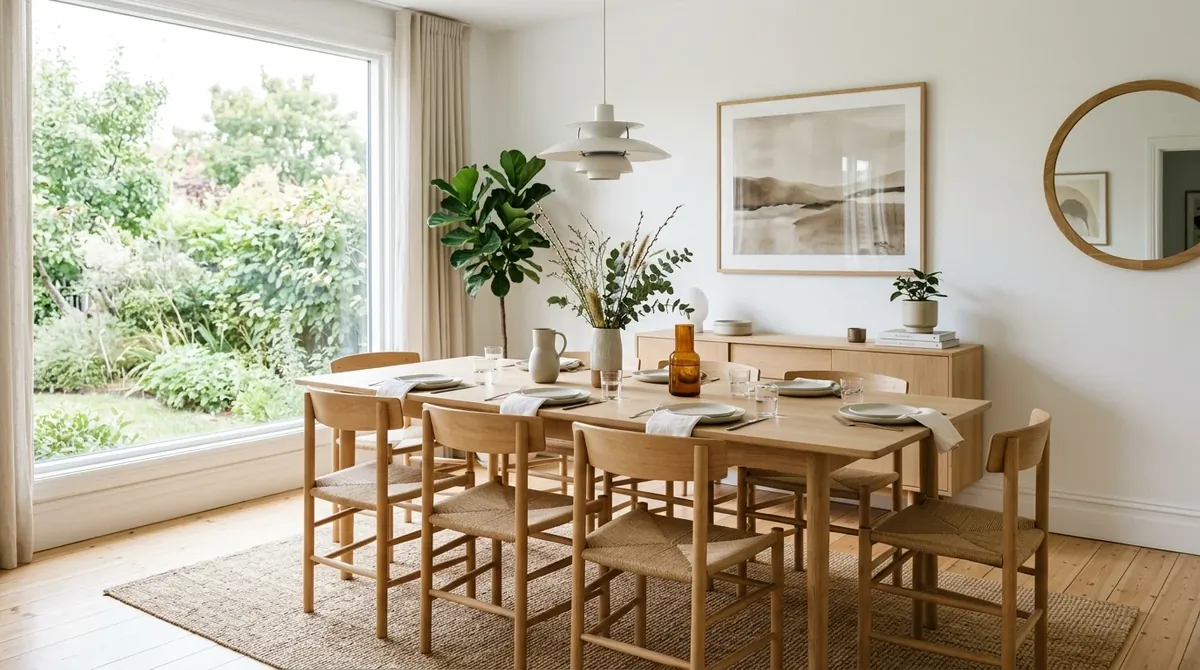 Elegant room with large artwork and a calm curated entertaining feel.