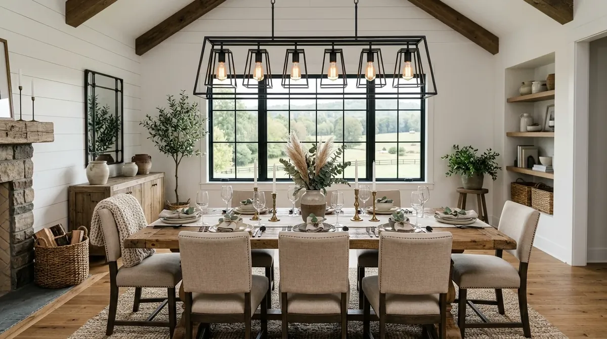 Dining room with velvet chairs and warm layered luxury.