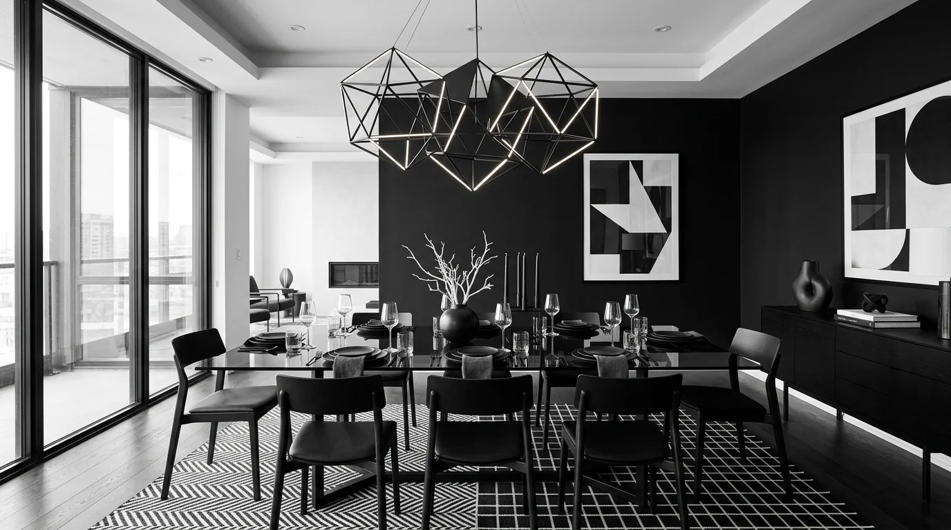 Crisp dining room with black and white contrast and refined simplicity.