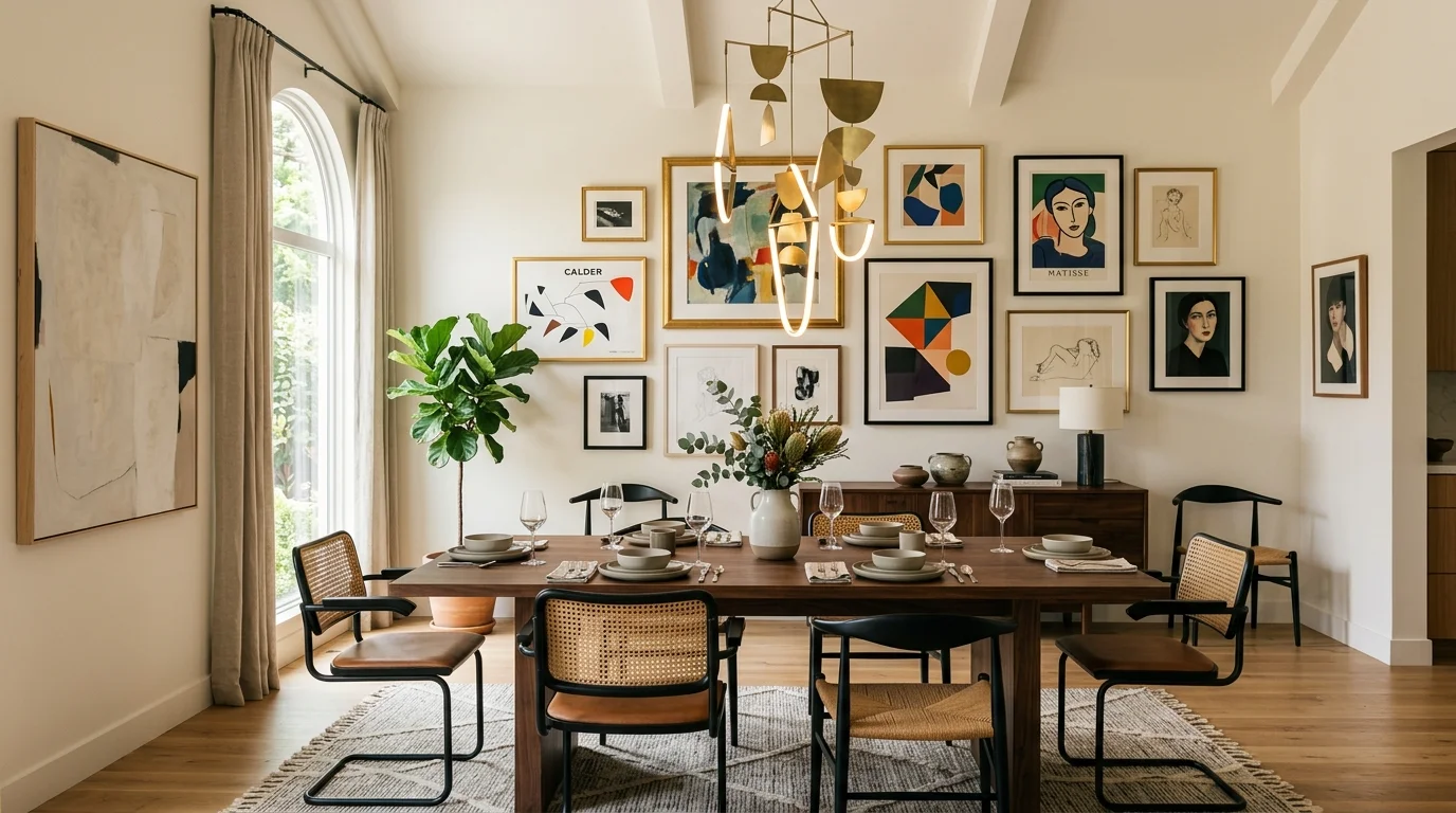 Elegant dining room with round table and balanced intimate layout.
