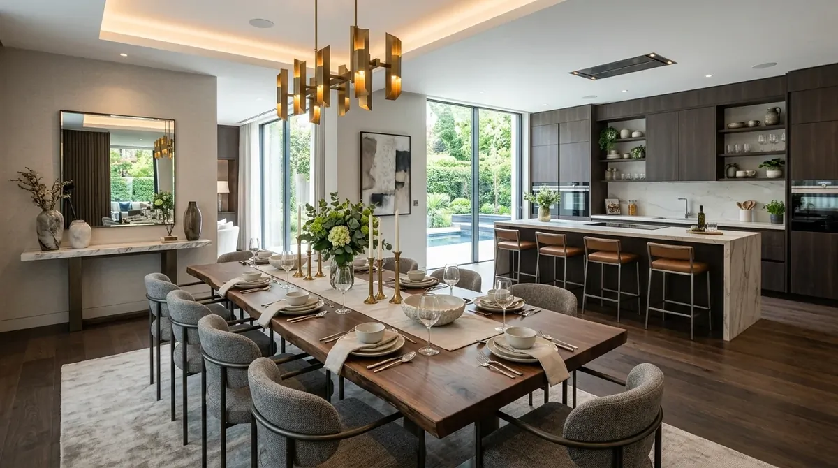 Dining space using oak tones and soft lighting for approachable elegance.