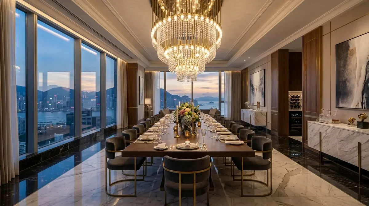 Dining room with restrained palette and quiet high-end finishes.